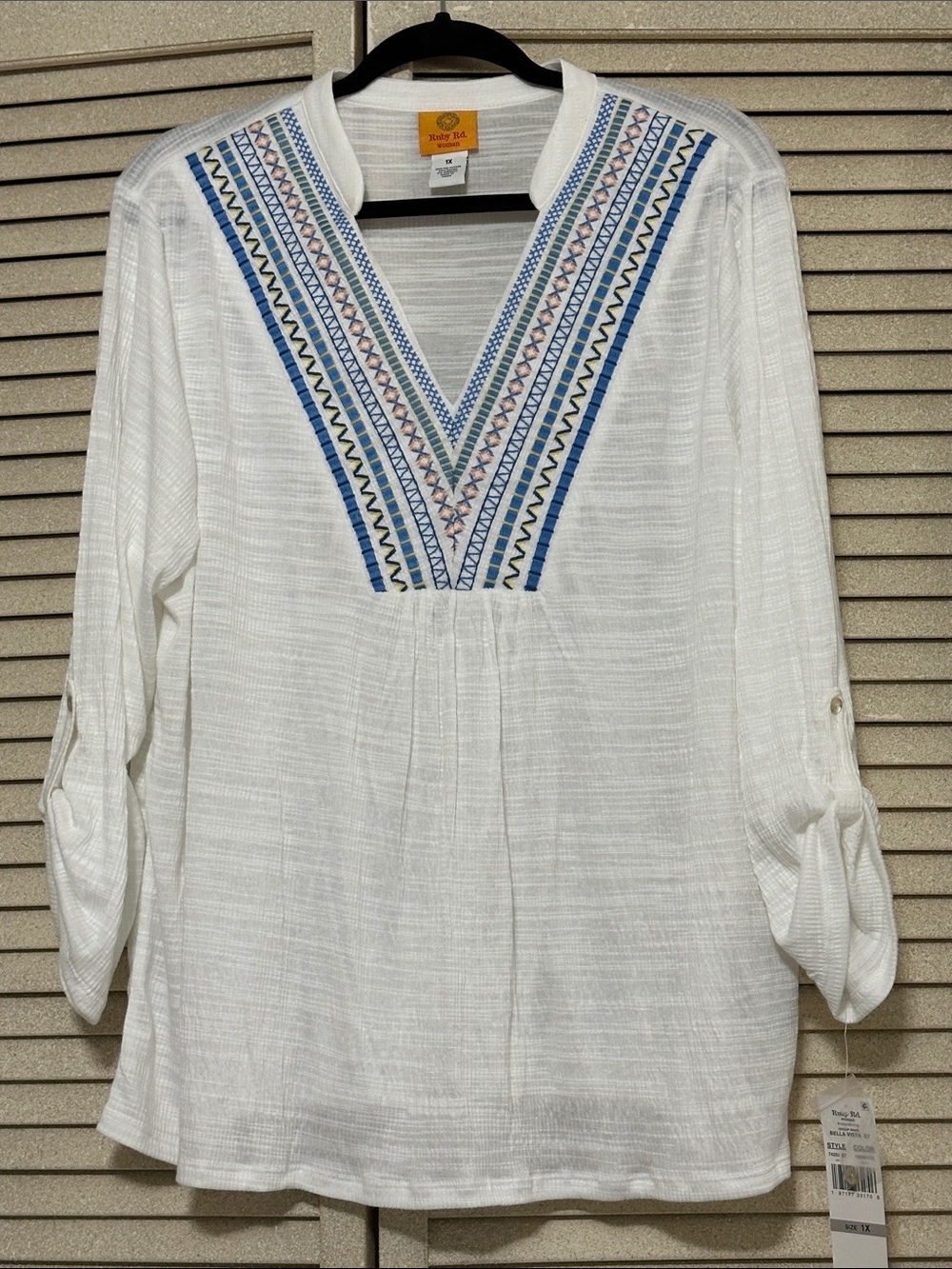 Ruby Rd. White Tunic with Blue Embroidered V-Neck - Picture 3 of 9